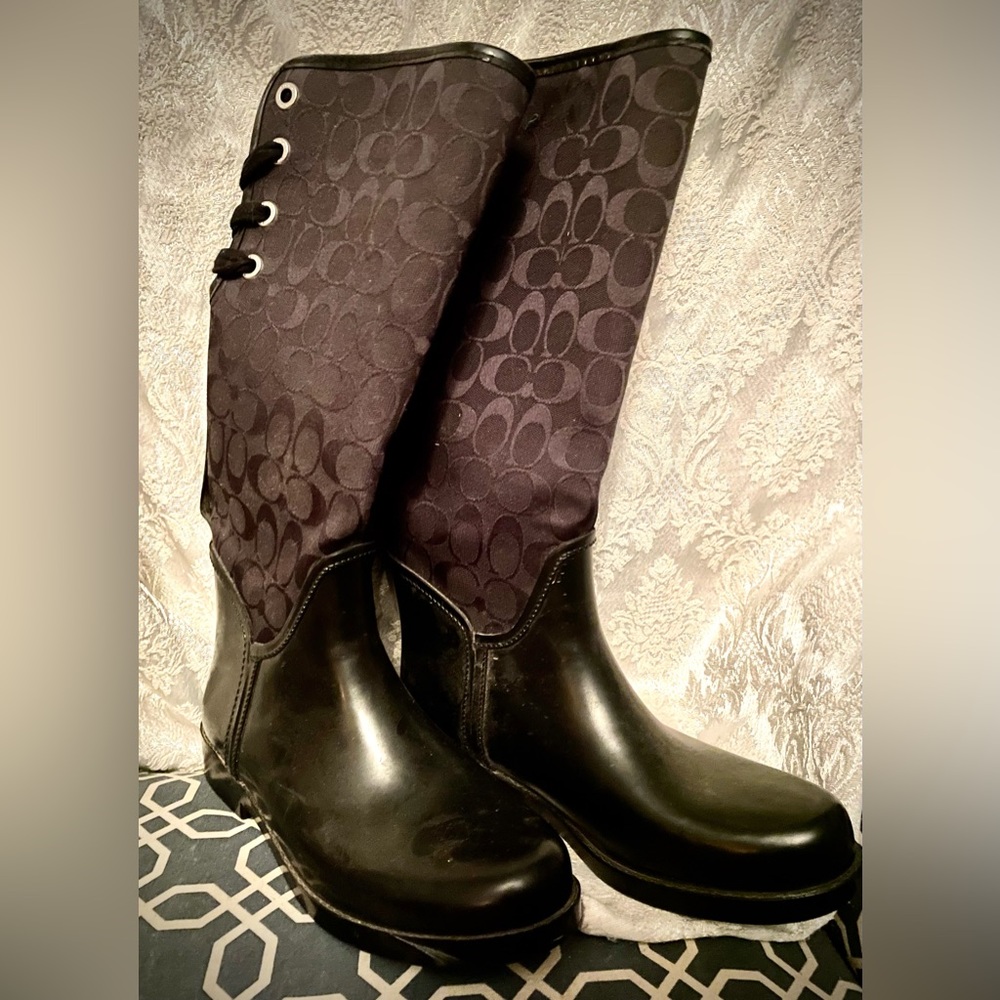 Womens COACH 'Tristee' Lace-Up Corset Signature
Logo Rain Boots Black size 7.5